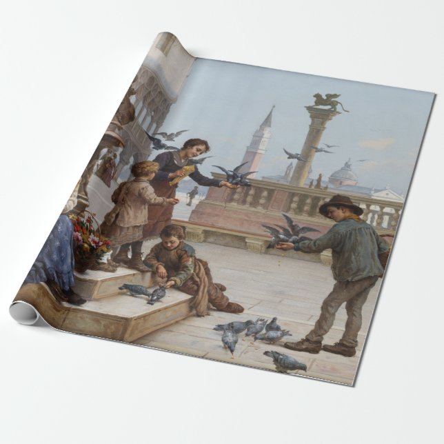 Barn som Matar pigeoner i Venedig (av Paoletti) Presentpapper (Utrullad)