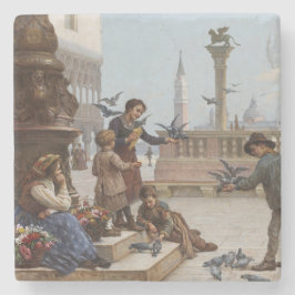 Barn som Matar pigeoner i Venedig (av Paoletti) Stenunderlägg