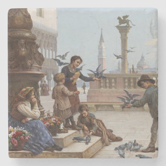 Barn som Matar pigeoner i Venedig (av Paoletti) Stenunderlägg (Framsidan)