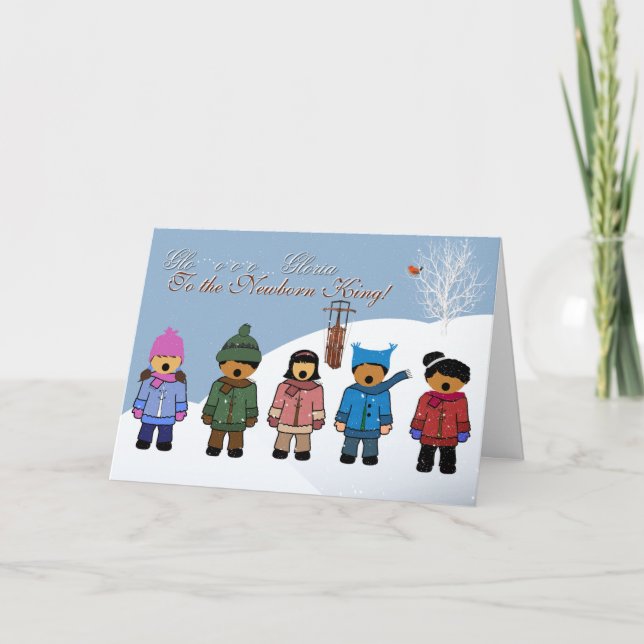Barn som sjunger "Gloria to the Newborn Kung". Helgkort (Framsida)