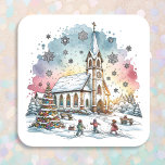 Barn som spelar i kyrkan vid jultid fyrkantigt klistermärke<br><div class="desc">Söt vimmelfärgskyrka och chapel,  Julgran och barn som leker i snö julklistermärken.</div>