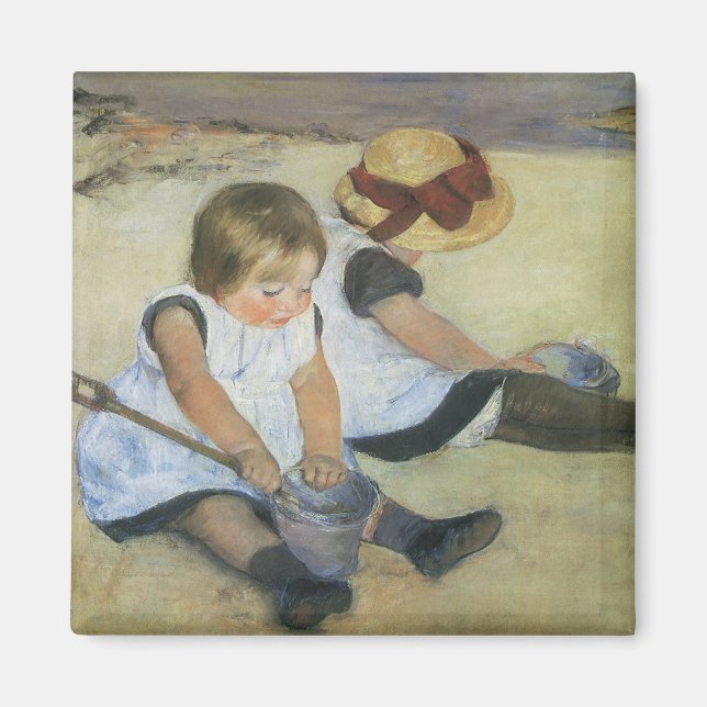 Barn som spelar på stranden av Mary Cassatt Magnet (Framsidan)