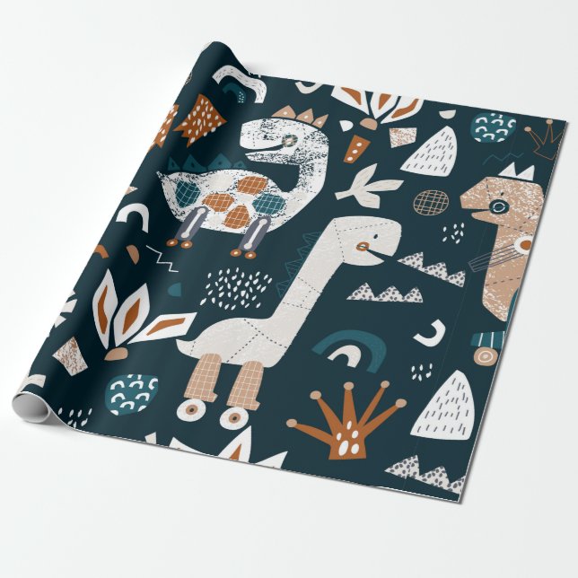 Barn, sömlös mönster med hand plockade dinosaur presentpapper (Utrullad)