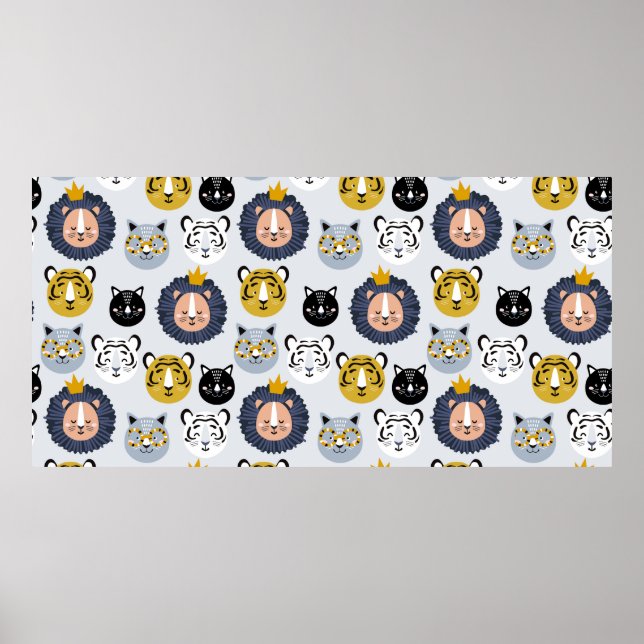 Barn, sömlös mönster med hand plockade lejon ti poster (Framsidan)