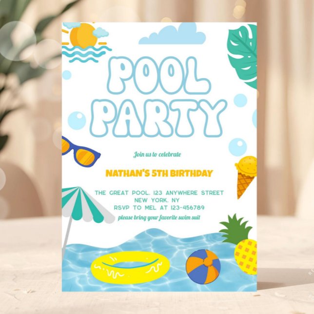 Barn Sommar Kul Pool Fest Födelsedag Inbjudningar (pool party invitation, summer birthday invite, kids pool party, swim party invitation, beach birthda)