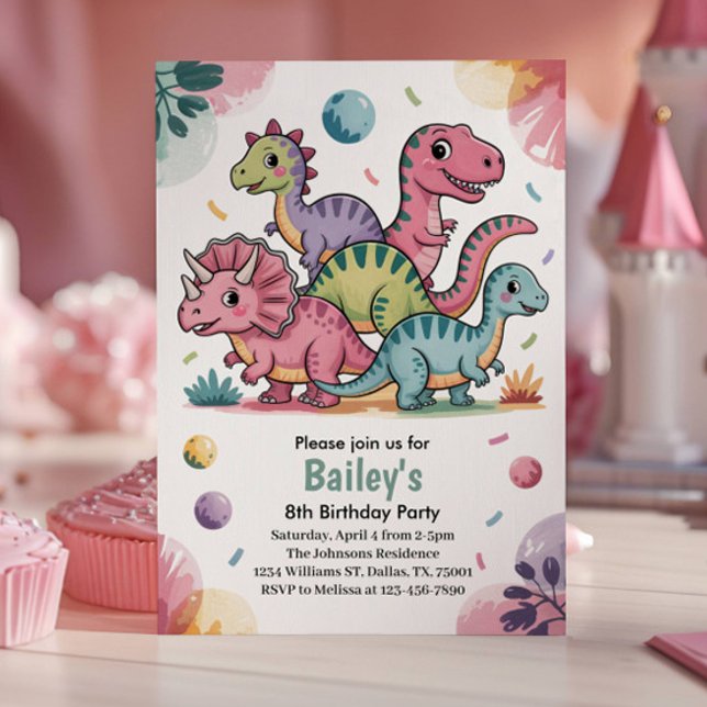 Barn Söt Rosa Dinosaurie 8-års Födelsedagsfest Inbjudningar (Dinosaur Birthday Party Invitation)