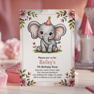 Barn Söt Rosa Elefant 7-års Födelsedagsfest Inbjudningar