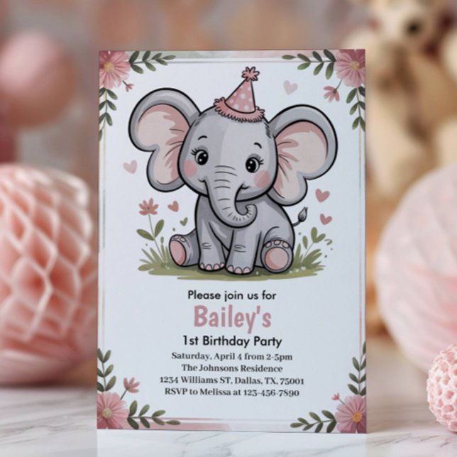 Barn Söt Rosa Elefant Födelsedagsfest Inbjudningar (Skapare uppladdad)