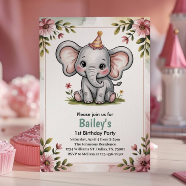 Barn Söt Rosa Elefant Födelsedagsfest Inbjudningar (Skapare uppladdad)