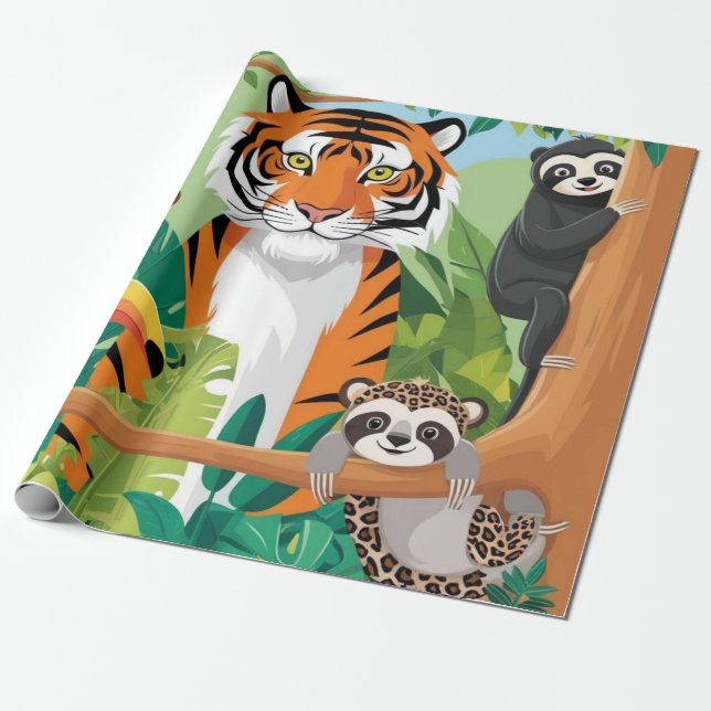 Barn söta djur djungel tiger apa decoupage presentpapper (Utrullad)