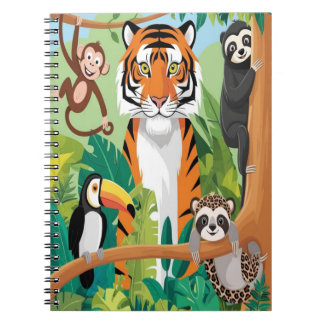 Barn söta djur djungel tiger apa fågel anteckningsbok
