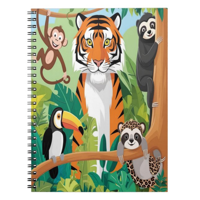 Barn söta djur djungel tiger apa fågel anteckningsbok (Framsidan)