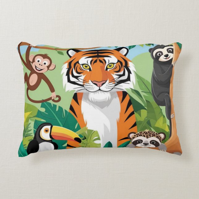 Barn söta djur djungel tiger apa fågel prydnadskudde (Framsidan)