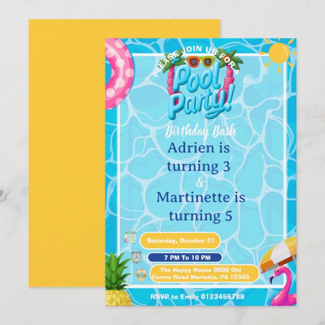 Barn Splash Pool Party Dubbel Födelsedag Inbjudningar (Fram/baksida)