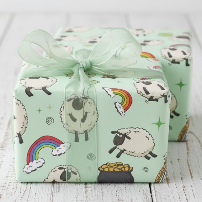 Barn St. Patrick's Day Får & Shamrocks Presentpapper (Kids Green St Patrick's Day Wrapping Paper. Cute Irish Sheep, Shamrocks, Rainbow, Four Leaf Clovers)