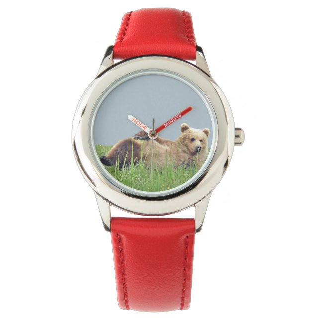 Barn Stainless Steel Red Leather Strap Watch Armbandsur (Framsida)