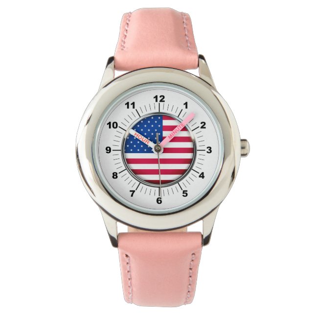 Barn Stainless Steel Rosa Leather Strap Armbandsur (Framsida)