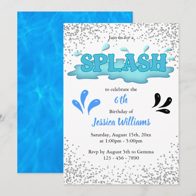 Barn "Stänk" Bassäng Party 6e födelsedag Inbjudningar (Fram/baksida)