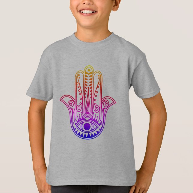 Barn t-shirt med neon Hamsa Hand med ondskefull ög (Framsida)
