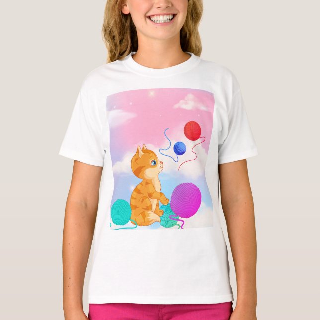 barn T-shirt med vita moln rosa, blå, (Framsida)
