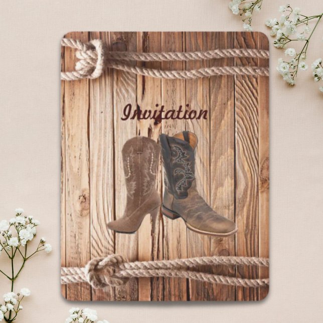 barn trä Cowboy stövlar Western landsbygd Bröllop Inbjudningar (barn wood Cowboy Boots Western country Wedding Invitation)