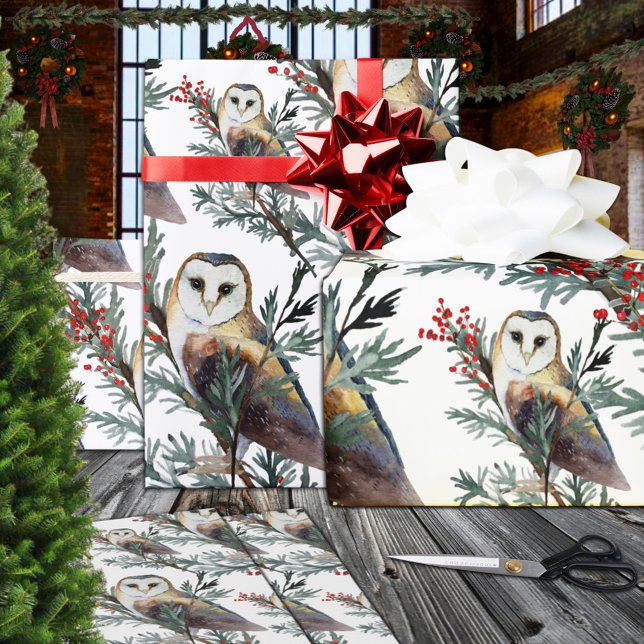 Barn Uggla i en skogsskog från Juniper Träd Presentpapper (Barn Owls In A Juniper Tree Woodland Forest Christmas Holiday Gift Wrapping Paper in 6 & 15 ' Rolls)