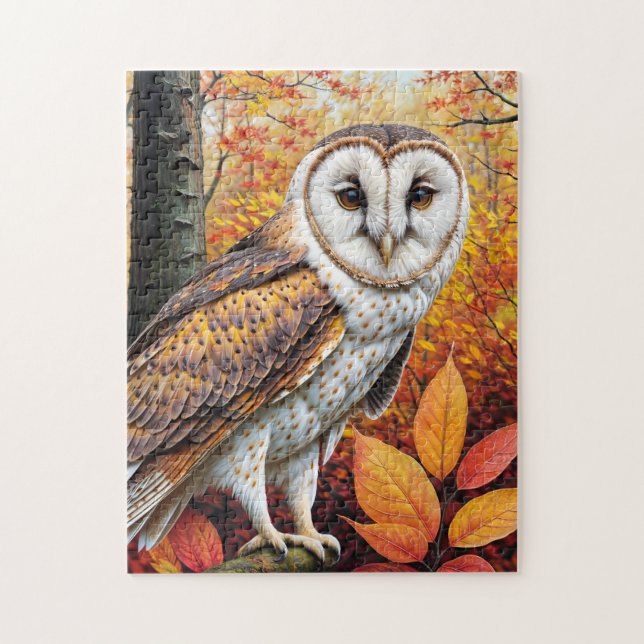 Barn Uggla i höstskogen Pussel (Vertikal)