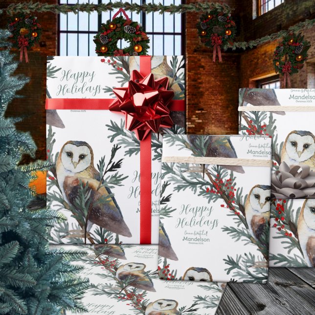 Barn Uggla i Skogen Lägg till Namn Glad helg Presentpapper (Barn Owl In The Woods Add Name Happy Holidays Christmas Wrapping Paper Rolls)