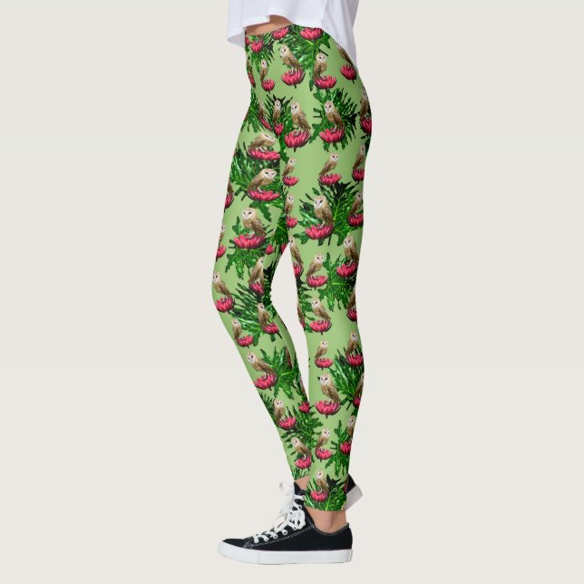 Barn Uggla, Löv och Rosa Lotus Flowers Leggings (Vänster)