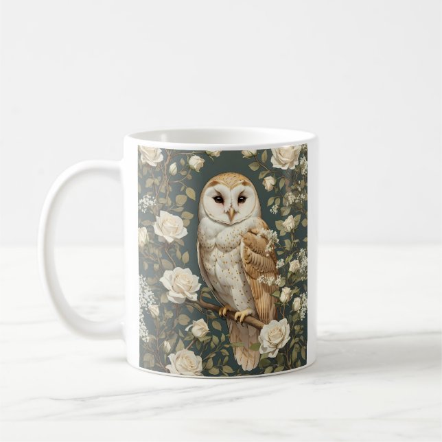 Barn Uggla och Vit ros William Morris Inspired Kaffemugg (Vänster)