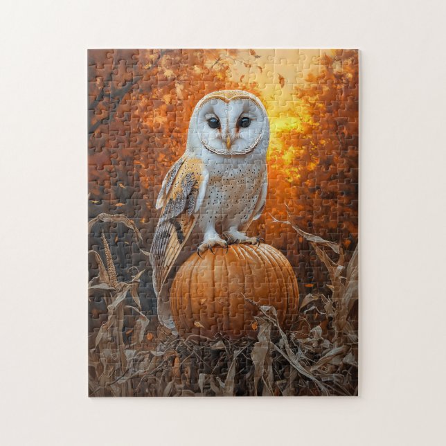 Barn Uggla på Pumpkin Autumn Pussel (Vertikal)