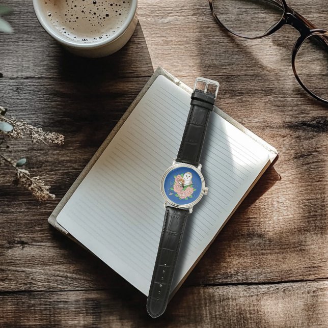 Barn Uggla Rosa Flowers Blue Armbandsur (Skapare uppladdad)