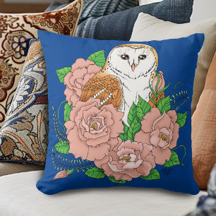 Barn Uggla Rosa Flowers Blue Kudde