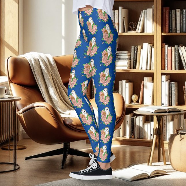 Barn Uggla Rosa Flowers Blue Leggings (Skapare uppladdad)