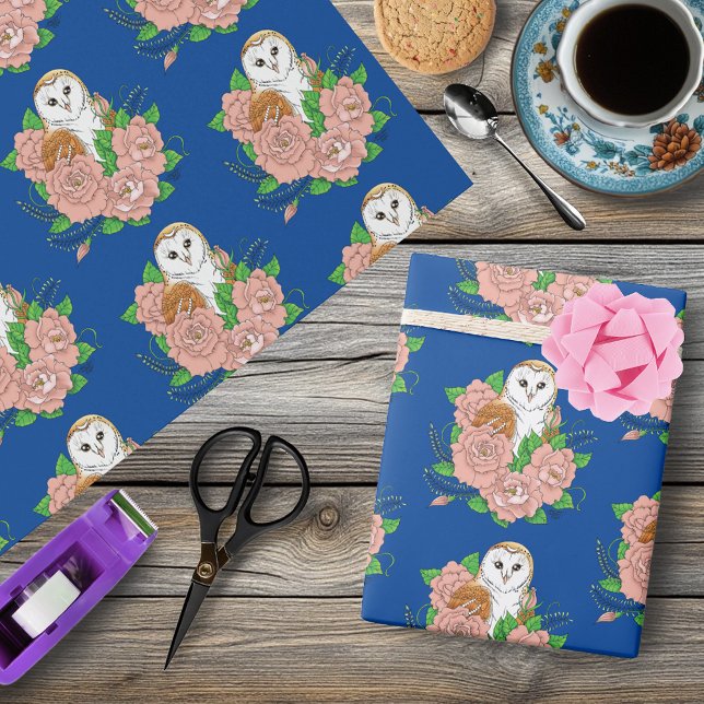 Barn Uggla Rosa Flowers Blue Presentpapper (Skapare uppladdad)