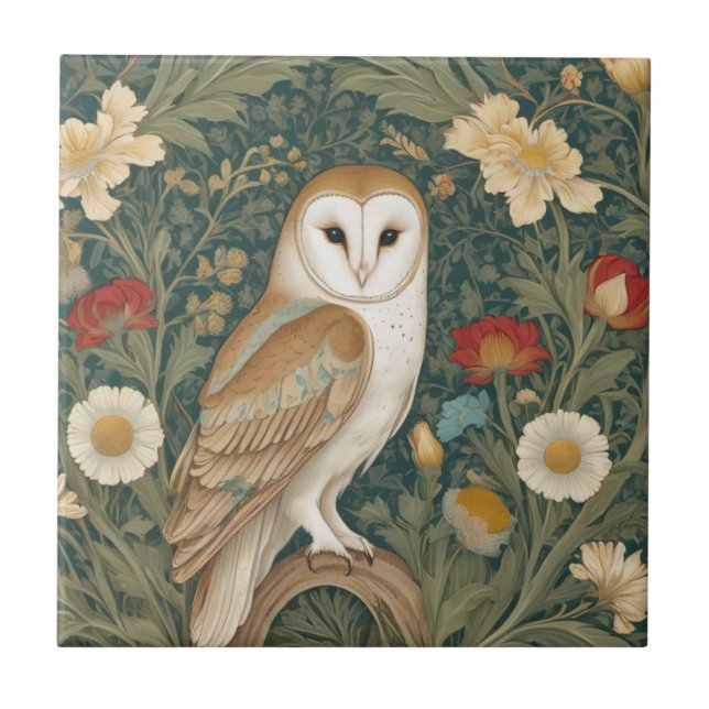 Barn Uggla William Morris stil-Höger mot Blommor Kakelplatta (Framsidan)