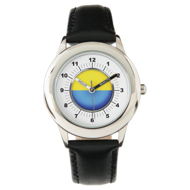 Barn Ukraina Flagga Black Leather Strap Watch Armbandsur (Framsida)