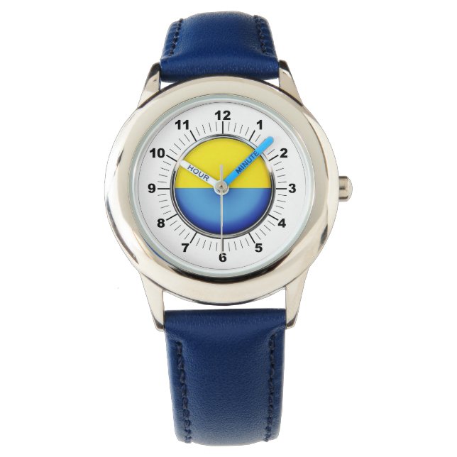 Barn Ukraina Flagga Blue Leather Strap Watch Armbandsur (Framsida)