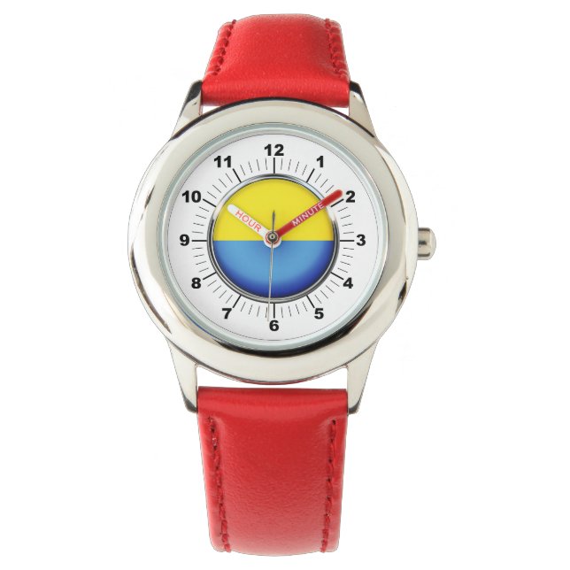Barn Ukraina Flagga Red Leather Strap Watch Armbandsur (Framsida)