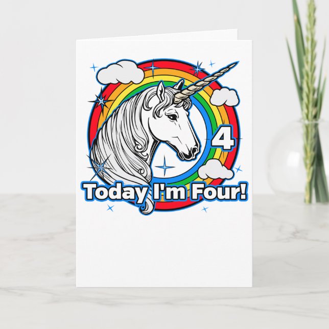 Barn Unicorn Rainbow i dag är jag fyra Kort (Framsida)