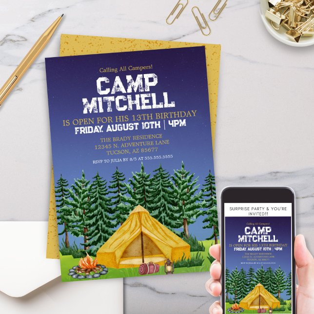 Barn utomhus, träsk och läger ut från födelsedagen inbjudningar (Kids Scouts Outdoor Adventure Campout Camping Birthday Party Invitation for Boys or Girls)