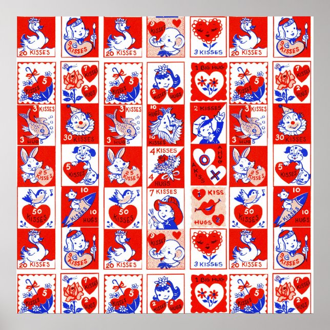 Barn Valentine Hälsning Hugs Kisses Red White Poster (Framsidan)