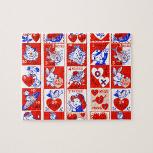 Barn Valentine Hälsning Hugs Kisses Red White Pussel
