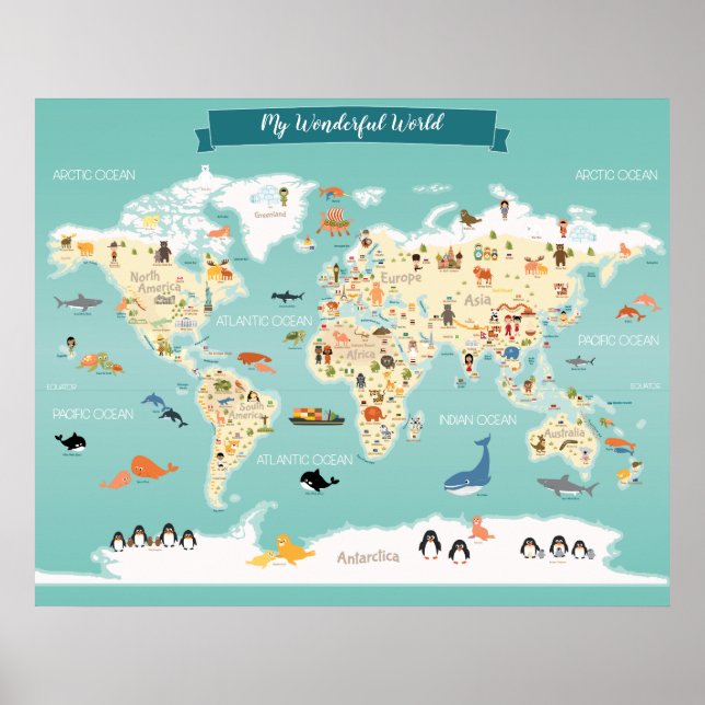 Barn Världskarta med Illustrationer Poster (Framsidan)