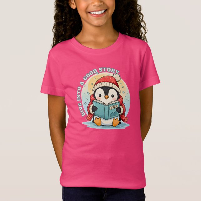 Barn varmrosa läsande pingvin storytime bomullst-s t shirt (Framsida)