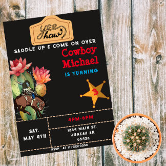 Barn Vilda western Cactus Birthday Boy Magnetisk Inbjudningskort