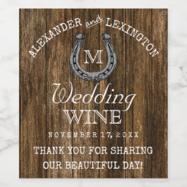 Barn Wood and Horseshoe Rustic Landsbyggsbröllop Vinflaska Etikett