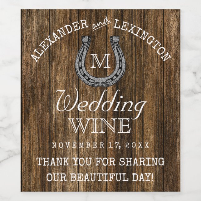 Barn Wood and Horseshoe Rustic Landsbyggsbröllop Vinflaska Etikett (Singel etikett)