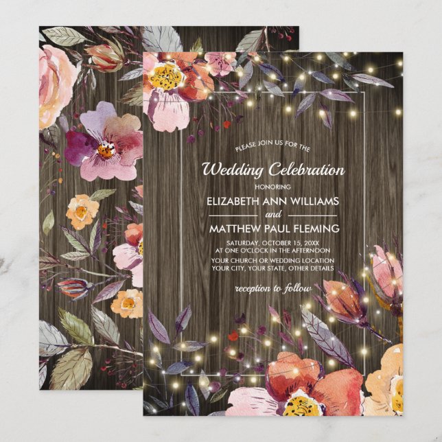 Barn Wood | Blommor | Ljussträngar Bröllop Inbjudningar (Fram/baksida)