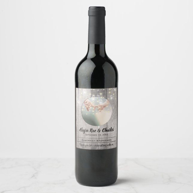 Barn Wood Ditt fotodatum Namn Bröllop Vinflaska Etikett (Framsida)